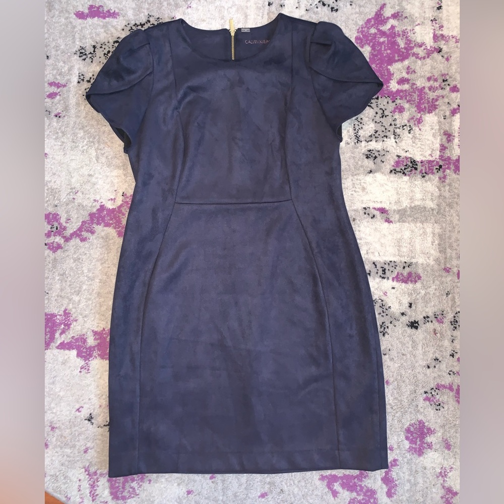 Calvin Klein faux suede dress with layered sleeve detail!